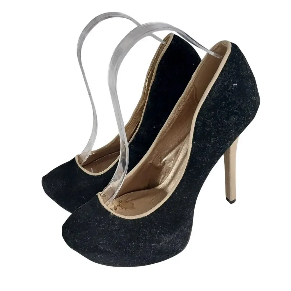 QUPID! BLACK VELVETEEN & TAN VEGAN SUEDE STILETTO PLATFORM HEELS, PUMPS! SZ 8.5M